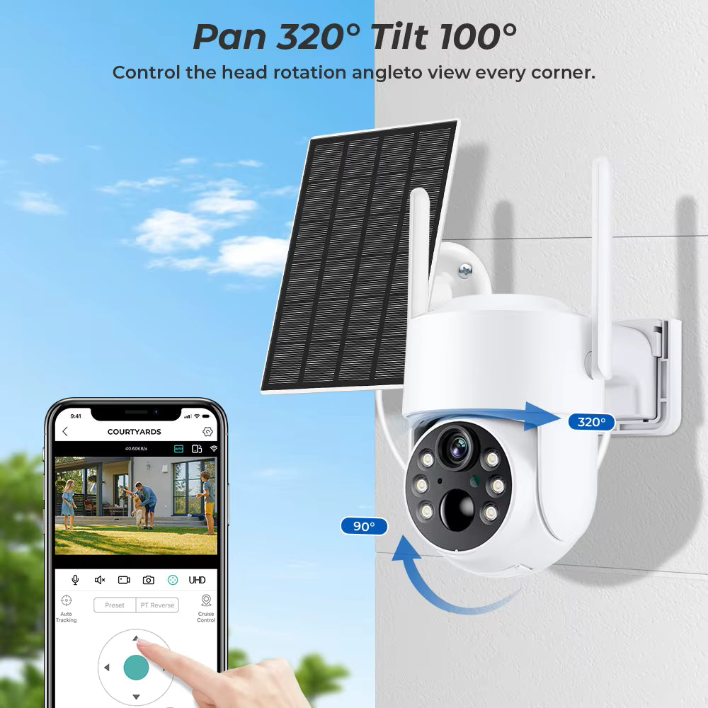 Veansa 360° Solar PTZ Camera — 4MP Ultra HD, WiFi Connectivity & Long-Lasting Battery